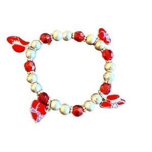 Vintage - Red Hat Society Stretch Bracelet with Red Had Charm - Silver Beads